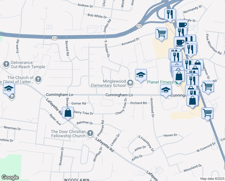 map of restaurants, bars, coffee shops, grocery stores, and more near 1601 Minglewood Drive in Clarksville