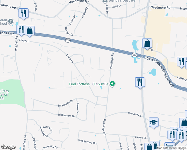 map of restaurants, bars, coffee shops, grocery stores, and more near 2322 Spike Court in Clarksville