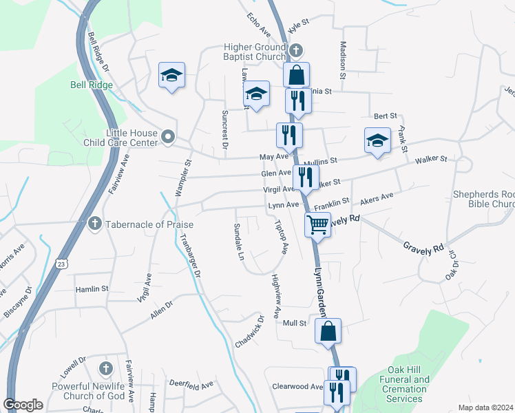 map of restaurants, bars, coffee shops, grocery stores, and more near 310 Lynn Avenue in Kingsport