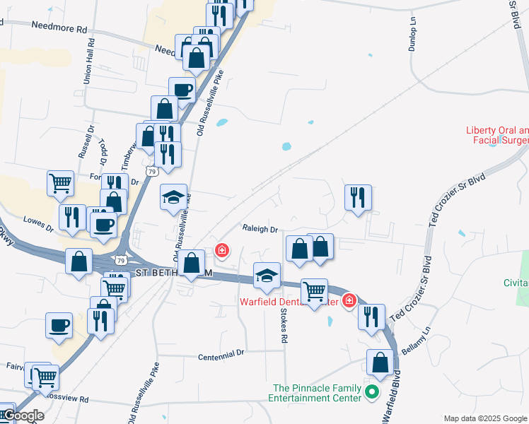 map of restaurants, bars, coffee shops, grocery stores, and more near 299 Raleigh Drive in Clarksville
