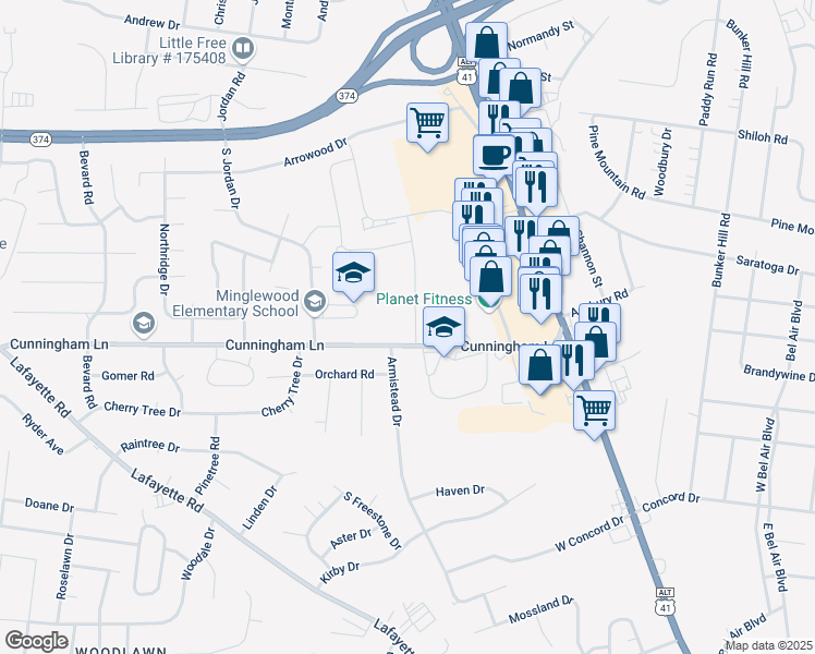 map of restaurants, bars, coffee shops, grocery stores, and more near 211 Cunningham Lane in Clarksville