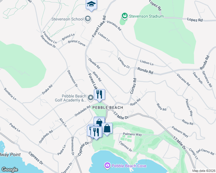 map of restaurants, bars, coffee shops, grocery stores, and more near 1440 Riata Road in Del Monte Forest