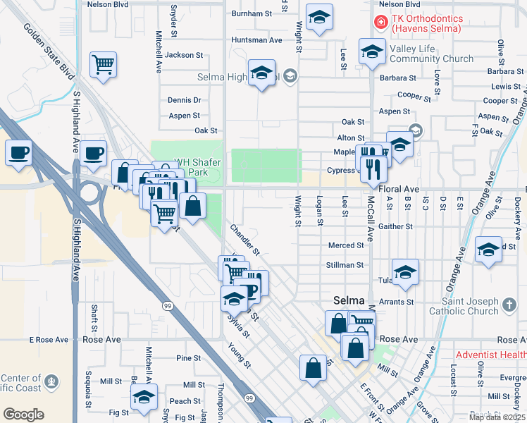 map of restaurants, bars, coffee shops, grocery stores, and more near 2320 Stillman Street in Selma