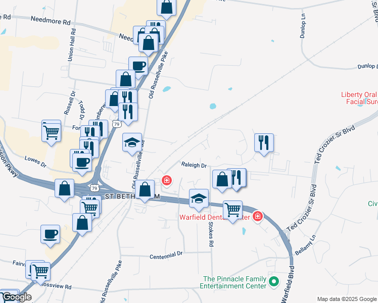 map of restaurants, bars, coffee shops, grocery stores, and more near 2311 Raleigh Court in Clarksville
