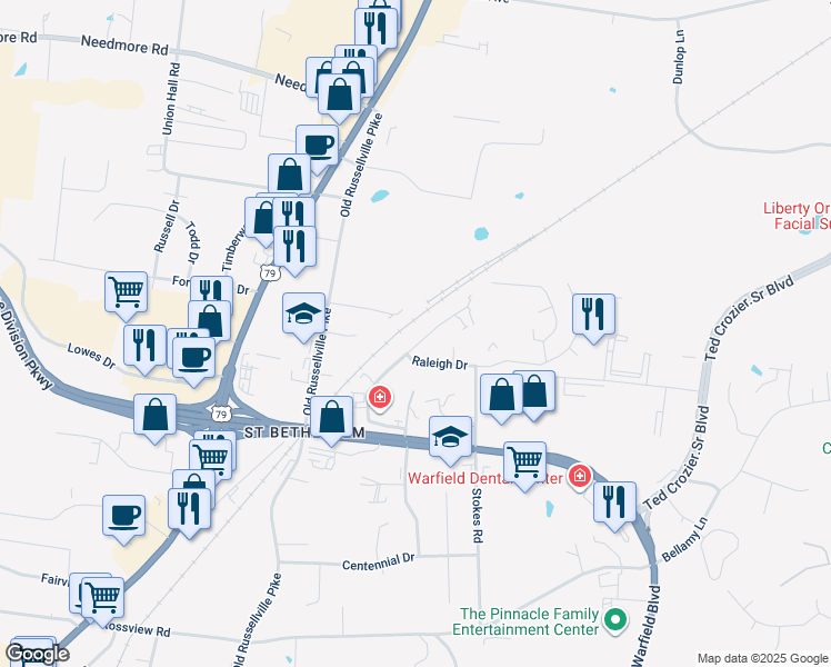 map of restaurants, bars, coffee shops, grocery stores, and more near 2311 Raleigh Court in Clarksville