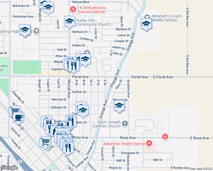 map of restaurants, bars, coffee shops, grocery stores, and more near 2828 E Street in Selma