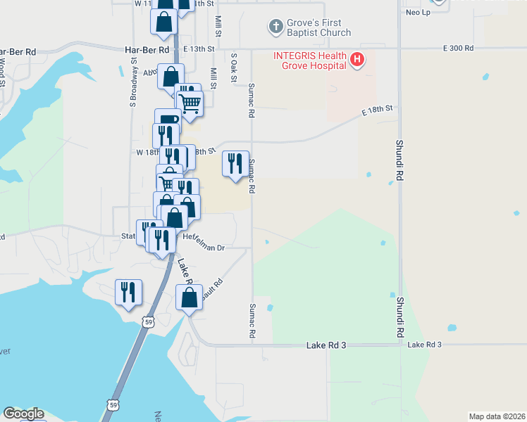 map of restaurants, bars, coffee shops, grocery stores, and more near 1989-2259 South 625 Road in Grove