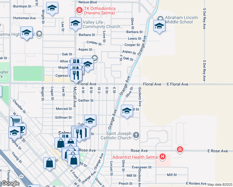 map of restaurants, bars, coffee shops, grocery stores, and more near 2828 E Street in Selma