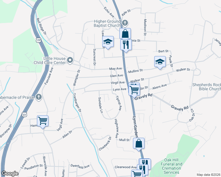 map of restaurants, bars, coffee shops, grocery stores, and more near 320 Delaware Street in Kingsport