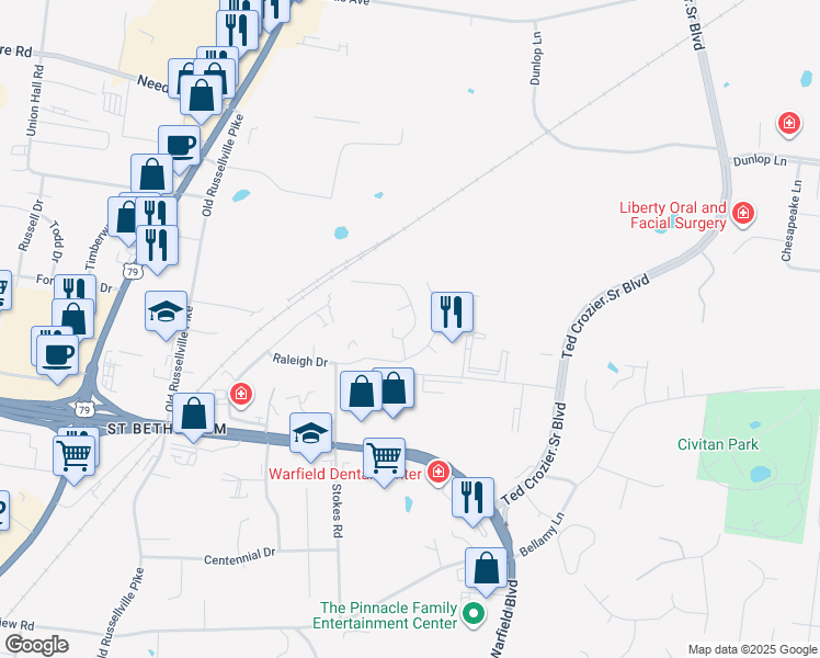 map of restaurants, bars, coffee shops, grocery stores, and more near 227 Cedarbend Road in Clarksville