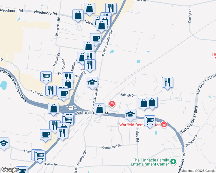 map of restaurants, bars, coffee shops, grocery stores, and more near 2304 Raleigh Court in Clarksville
