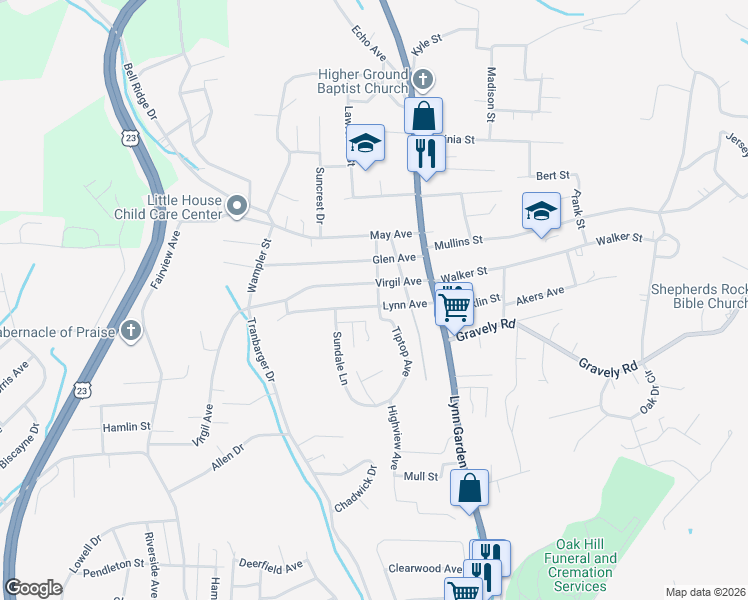 map of restaurants, bars, coffee shops, grocery stores, and more near 320 Delaware Street in Kingsport