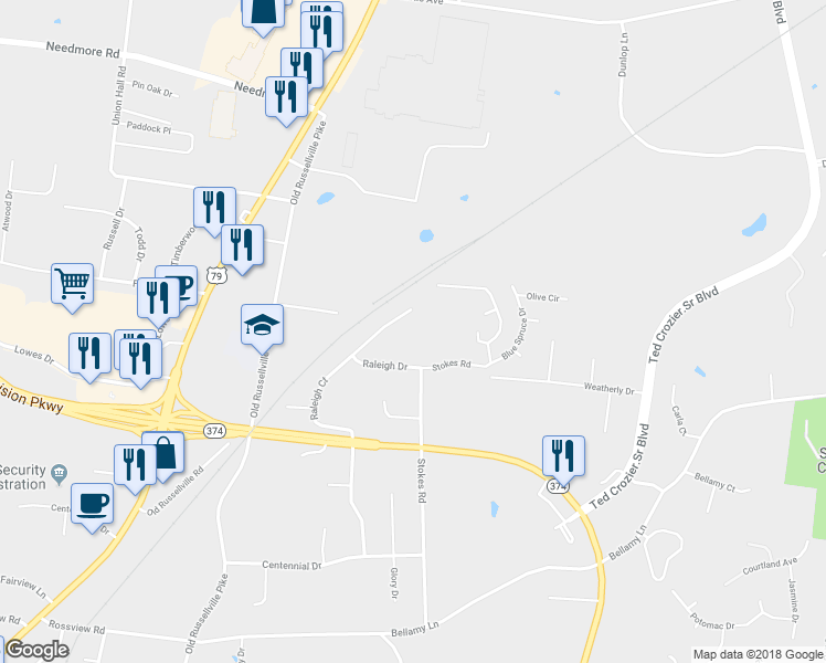map of restaurants, bars, coffee shops, grocery stores, and more near 299 Raleigh Drive in Clarksville