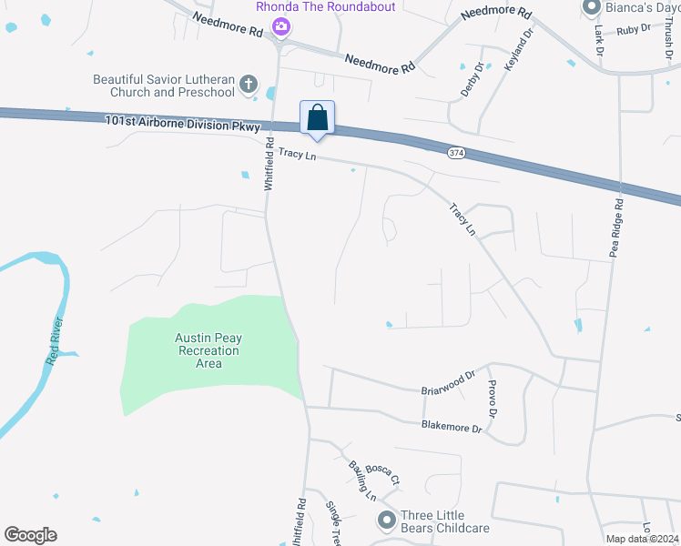 map of restaurants, bars, coffee shops, grocery stores, and more near 2381 Whitfield Road in Clarksville