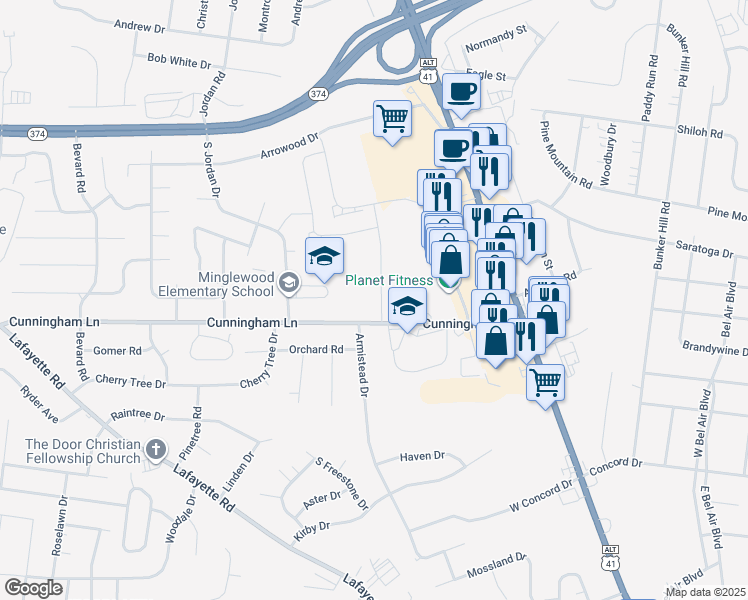 map of restaurants, bars, coffee shops, grocery stores, and more near 211 Cunningham Lane in Clarksville