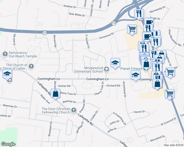 map of restaurants, bars, coffee shops, grocery stores, and more near 1601 Minglewood Drive in Clarksville
