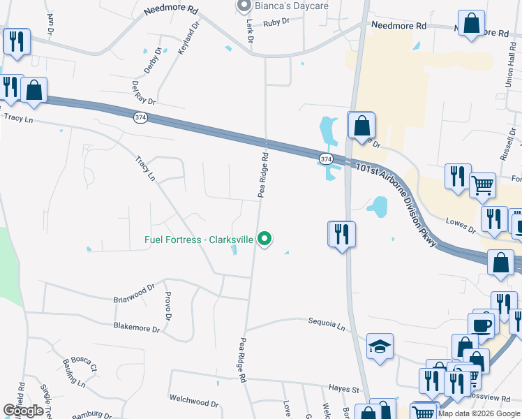 map of restaurants, bars, coffee shops, grocery stores, and more near 2340 Pea Ridge Road in Clarksville