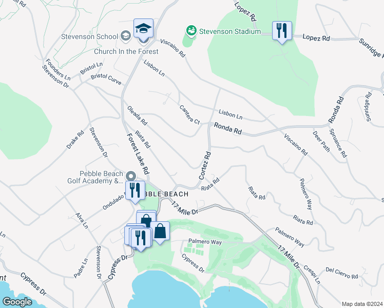map of restaurants, bars, coffee shops, grocery stores, and more near 1463 Oleada Road in Del Monte Forest