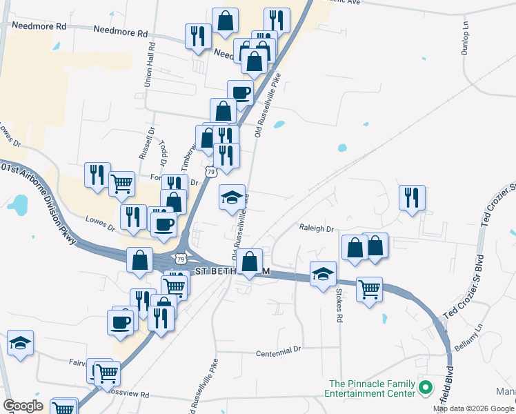 map of restaurants, bars, coffee shops, grocery stores, and more near 2453 Old Russellville Pike in Clarksville