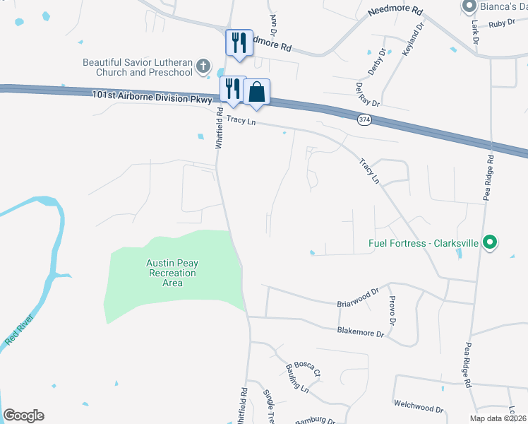map of restaurants, bars, coffee shops, grocery stores, and more near 2441 Whitfield Road in Clarksville