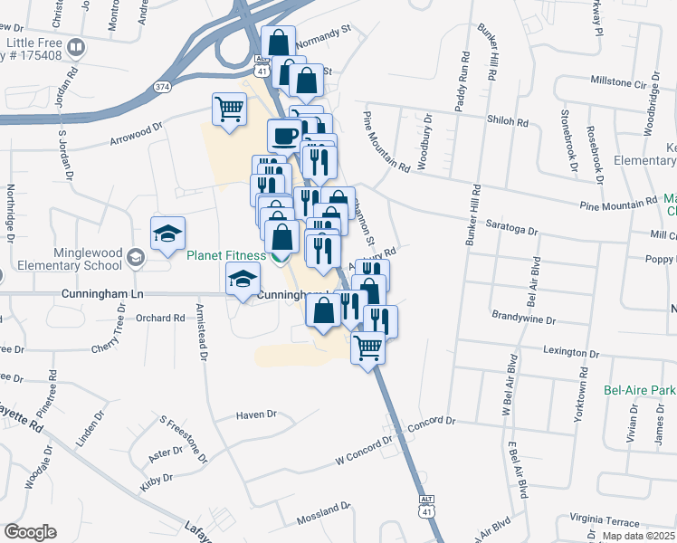 map of restaurants, bars, coffee shops, grocery stores, and more near 1598 Fort Campbell Boulevard in Clarksville