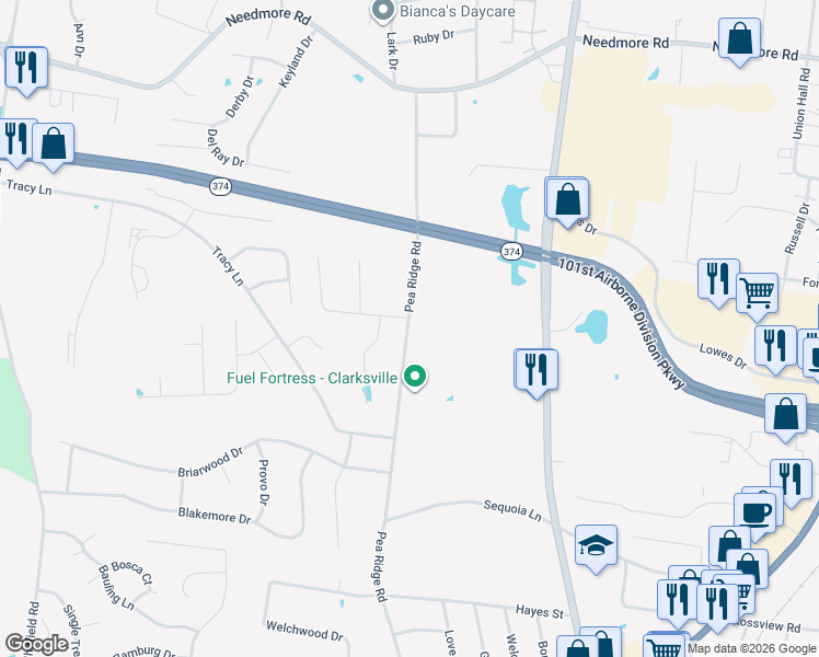 map of restaurants, bars, coffee shops, grocery stores, and more near 405 Andean Court in Clarksville