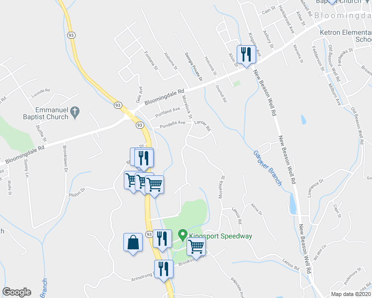 map of restaurants, bars, coffee shops, grocery stores, and more near 301 Morelock Street in Kingsport