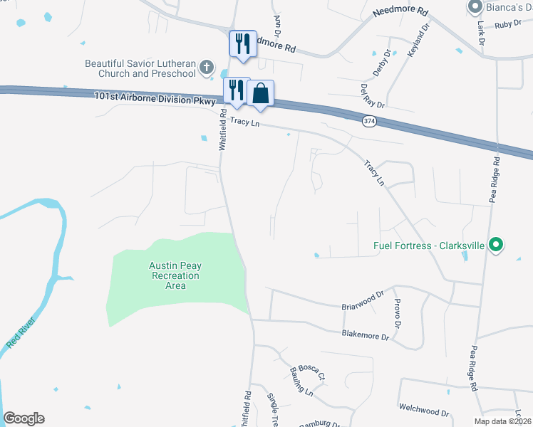 map of restaurants, bars, coffee shops, grocery stores, and more near 2441 Whitfield Road in Clarksville