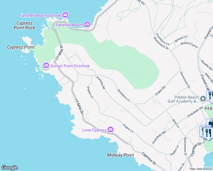 map of restaurants, bars, coffee shops, grocery stores, and more near 1217 Portola Road in Del Monte Forest