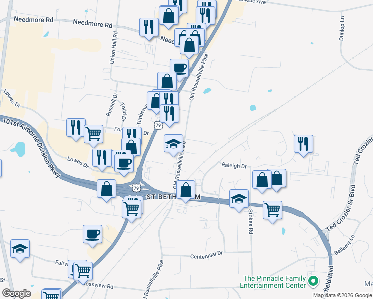 map of restaurants, bars, coffee shops, grocery stores, and more near 100 Hickory Trace Road in Clarksville