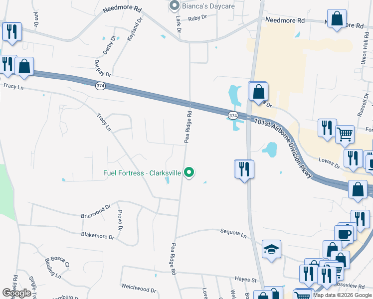 map of restaurants, bars, coffee shops, grocery stores, and more near 405 Andean Court in Clarksville