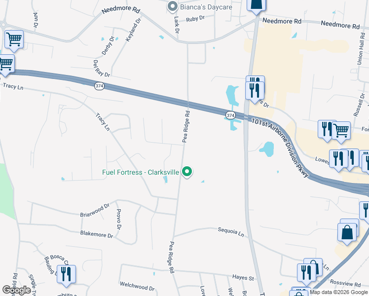 map of restaurants, bars, coffee shops, grocery stores, and more near 405 Andean Court in Clarksville