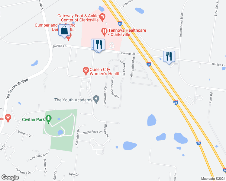 map of restaurants, bars, coffee shops, grocery stores, and more near 239 Camden Crossing in Clarksville