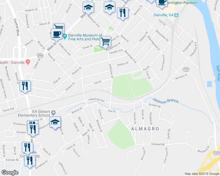map of restaurants, bars, coffee shops, grocery stores, and more near 817 Buford Street in Danville