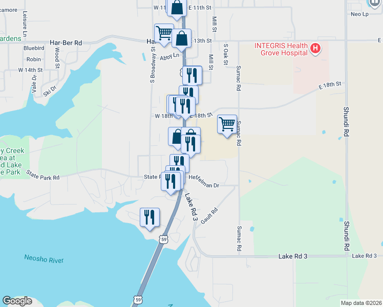 map of restaurants, bars, coffee shops, grocery stores, and more near 2123 S Main St in Grove