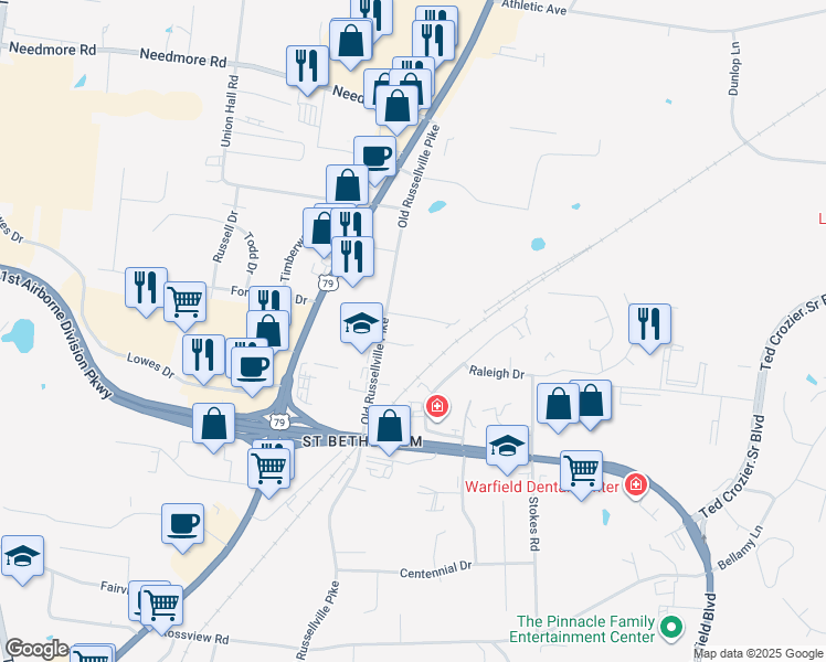 map of restaurants, bars, coffee shops, grocery stores, and more near 100 Hickory Trace Road in Clarksville