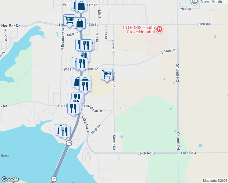 map of restaurants, bars, coffee shops, grocery stores, and more near 2258 South 625 Road in Grove