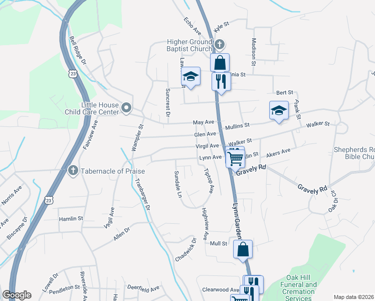 map of restaurants, bars, coffee shops, grocery stores, and more near 321 Virgil Avenue in Kingsport