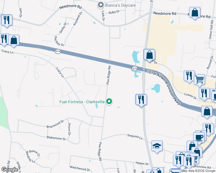 map of restaurants, bars, coffee shops, grocery stores, and more near 405 Andean Court in Clarksville