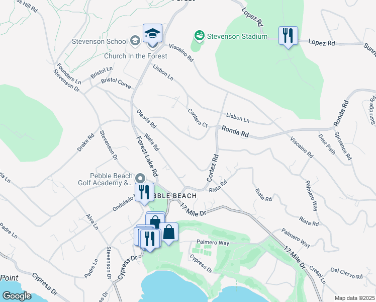 map of restaurants, bars, coffee shops, grocery stores, and more near 1451 Oleada Road in Del Monte Forest