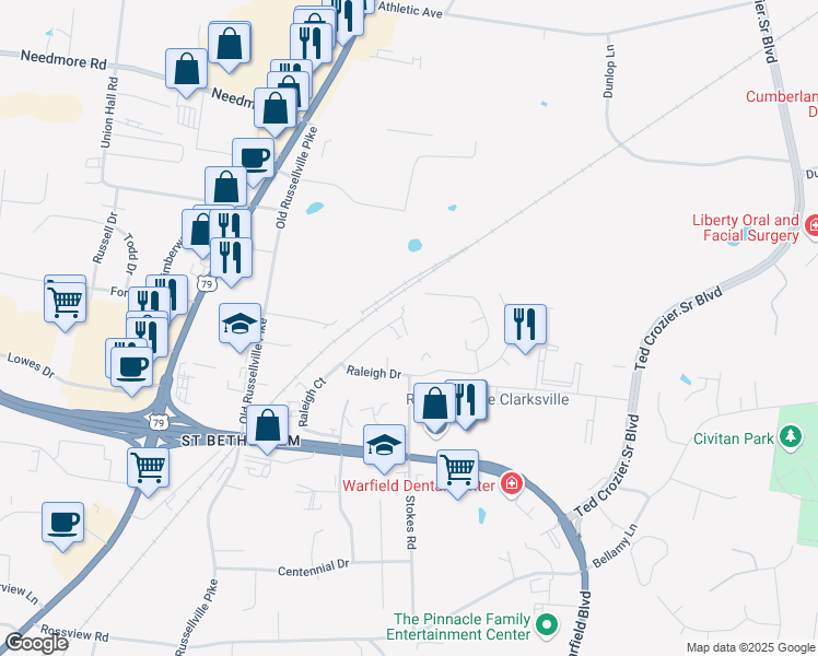 map of restaurants, bars, coffee shops, grocery stores, and more near 2326 Raleigh Court in Clarksville