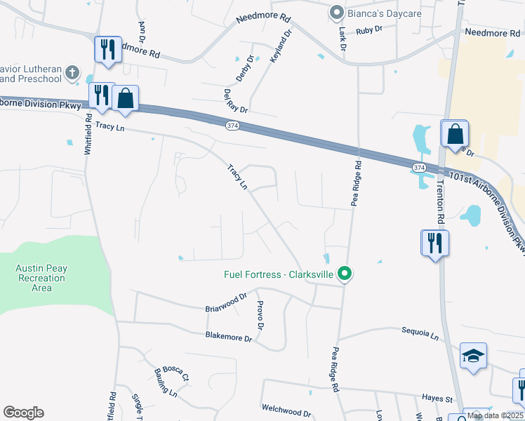 map of restaurants, bars, coffee shops, grocery stores, and more near 700 Tracy Lane in Clarksville