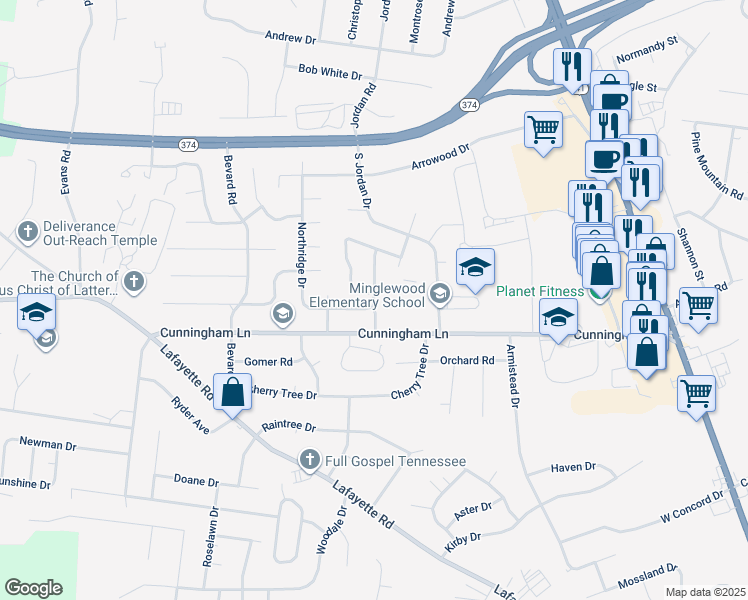 map of restaurants, bars, coffee shops, grocery stores, and more near 284 Northridge Drive in Clarksville