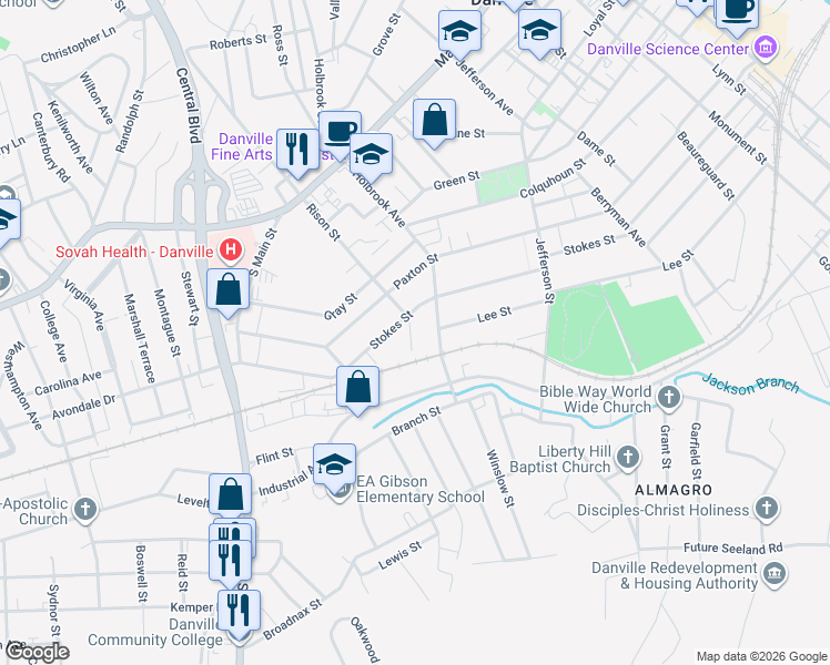 map of restaurants, bars, coffee shops, grocery stores, and more near 746 Holbrook Avenue in Danville