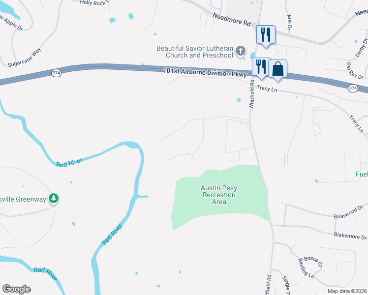 map of restaurants, bars, coffee shops, grocery stores, and more near 2424 Prewitt Lane in Clarksville
