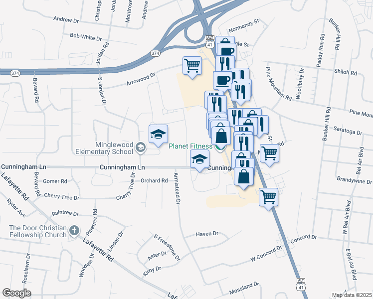 map of restaurants, bars, coffee shops, grocery stores, and more near 191-199 Cunningham Ln in Clarksville