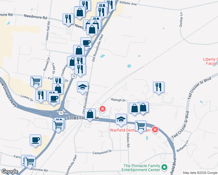 map of restaurants, bars, coffee shops, grocery stores, and more near 119 Hickory Trace Road in Clarksville