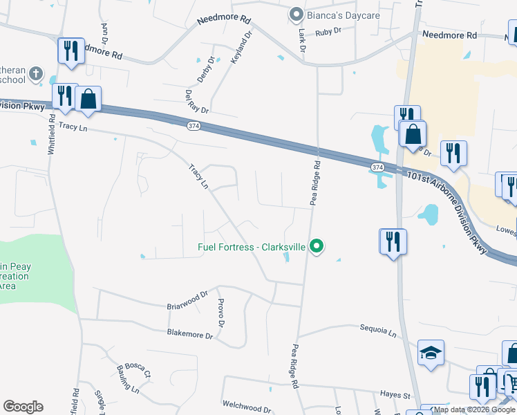 map of restaurants, bars, coffee shops, grocery stores, and more near 160 Sambar Drive in Clarksville