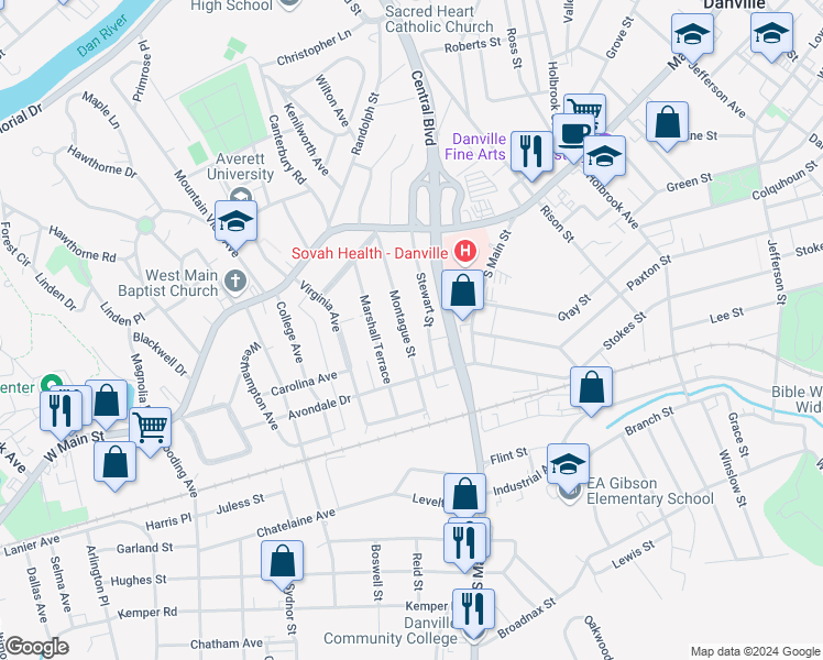 map of restaurants, bars, coffee shops, grocery stores, and more near 242 Stuart Street in Danville