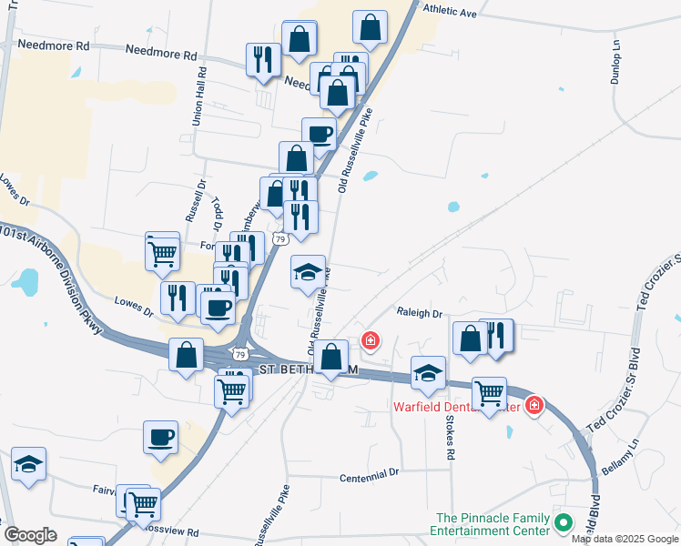 map of restaurants, bars, coffee shops, grocery stores, and more near 100 Hickory Trace Road in Clarksville